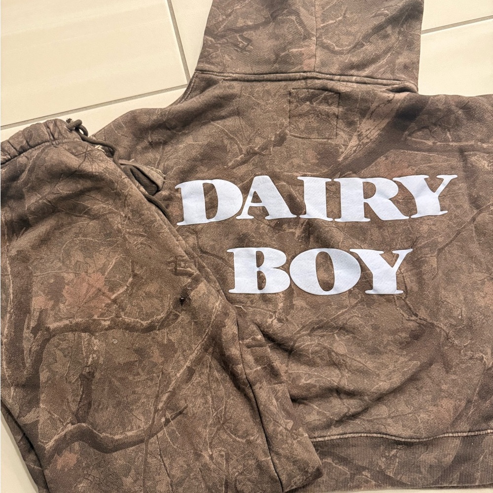 Dairy boy camo hoodie and sweatpants blue letters